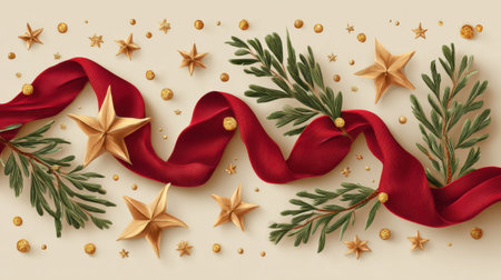 This image captures an elegant arrangement of a red ribbon, golden stars, and lush greenery, perfect for festive holiday decorations and seasonal joy.の素材
