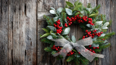 A beautifully crafted Christmas wreath featuring vibrant red berries and lush greenery, set against a rustic wood backdrop. Perfect for holiday decoration.の素材