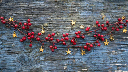 A stunning arrangement of vibrant red berries adorned with golden stars rests on a weathered wooden surface, perfect for holiday decoration.の素材