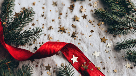 A beautifully arranged scene featuring fresh greenery, a vibrant red ribbon, and scattered golden stars. This festive setup is perfect for capturing the warmth of the holiday season.の素材