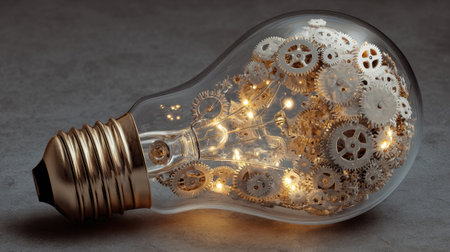 A captivating light bulb filled with intricate gears and warm lights, representing the fusion of technology and creativity in modern design and innovation.の素材