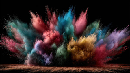 An exhilarating burst of colorful dust creates a stunning visual spectacle against a dark background, embodying energy and creativity in motion.の素材