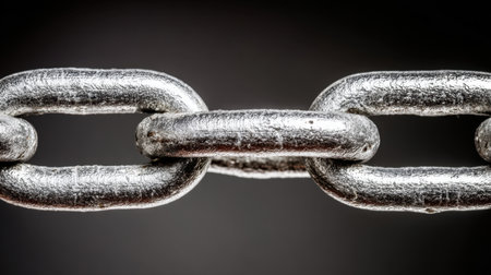 A detailed close-up view of shiny metal chain links, showcasing their textured surface and industrial aesthetic against a dark background. Perfect for themes of strength and connection.の素材
