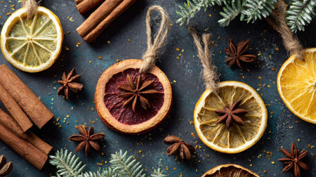 A captivating arrangement of dried citrus slices paired with spices like cinnamon and star anise, showcasing natural elements perfect for decoration or crafting projects.の素材