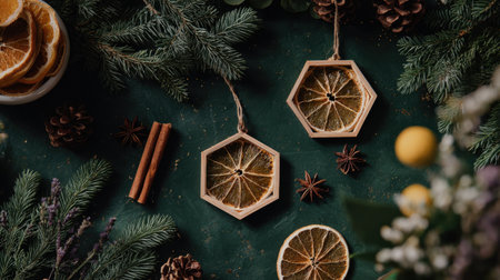 Beautiful hexagonal ornaments feature dried citrus slices, complimented by pine cones and greenery, creating a warm and inviting holiday atmosphere.の素材