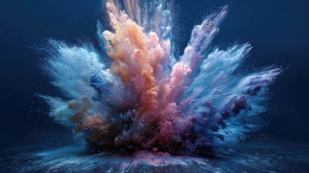 Captivating explosion of colorful dust and smoke creates a dramatic and dynamic visual impact. Perfect for artistic and abstract design projects.の素材