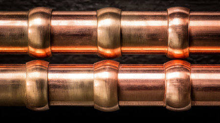 This close-up image showcases the intricate details and textures of two distinct copper pipes, highlighting their smooth surface and unique patterns, ideal for plumbing projects.の素材