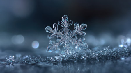 Captivating image of a stunning ice crystal snowflake resting on a reflective surface, showcasing intricate patterns and a tranquil winter ambiance.の素材