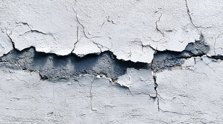 A close-up view of a cracked wall surface featuring peeling paint in various shades of blue and gray. Perfect for backgrounds or texture projects.の素材