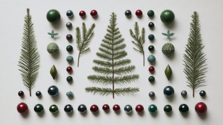 A beautiful composition featuring assorted greenery and colorful ornaments set against a light background, perfect for seasonal celebrations and festive decor.の素材