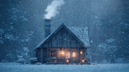 A charming wooden cabin surrounded by falling snow, emanating warmth from its illuminated windows, creating a serene winter atmosphere in nature.の素材