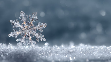 A stunning close-up of a snowflake resting on a soft snowy surface, featuring exquisite details and a bokeh background that adds a touch of magic.の素材
