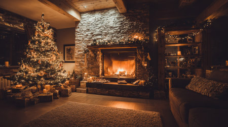 A beautifully decorated living room captures the essence of Christmas with a glowing fireplace, a stunning tree adorned with lights, and a cozy atmosphere.の素材