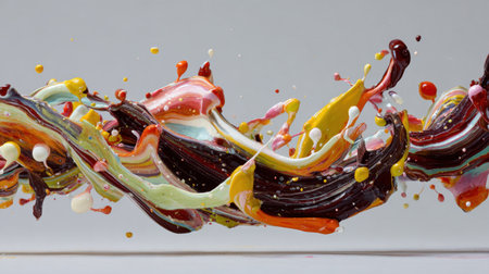 Artistic representation of vibrant paint splashes creating dynamic swirls and drips, showcasing bold colors and fluid movement against a neutral backdrop.の素材