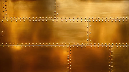 A stunning golden metal wall featuring smooth texture and prominent rivets, perfect for adding a touch of luxury and elegance to any design project.の素材