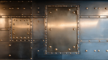 A striking steampunk metal wall panel featuring studs and seam detailing, perfect for adding an industrial or vintage aesthetic to any space.の素材