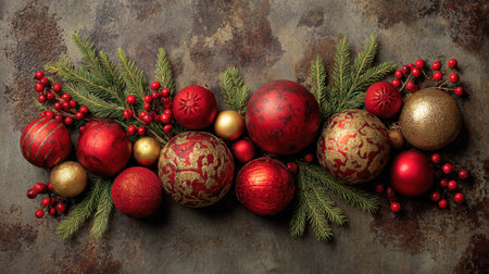 This image features an elegant arrangement of red and gold Christmas ornaments surrounded by pine branches and bright berries, creating a warm holiday atmosphere.の素材