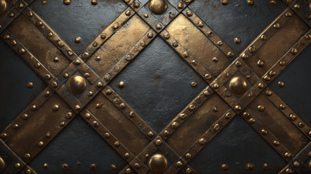 This image features an intricate metallic texture of a historical shield, showcasing detailed patterns and rivets that highlight craftsmanship and design.の素材