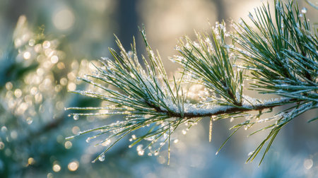 A close-up view of a frosty pine branch adorned with sparkling ice crystals, captured in soft morning light, highlighting the beauty of winter nature.の素材