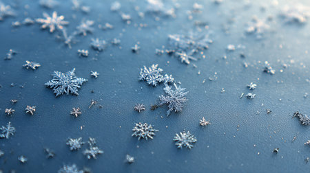 This high-resolution image features an array of delicate snowflakes scattered on a blue surface, highlighting their intricate patterns and charming beauty during winter.の素材