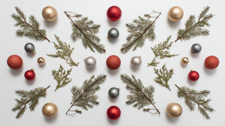 A vibrant arrangement of festive ornaments and greenery perfect for Christmas decoration, capturing the essence of holiday spirit and joy in a flat lay design.の素材