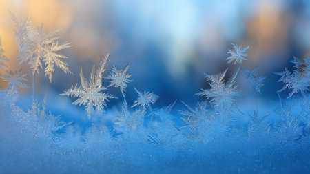 A captivating close-up view of intricate frost patterns adorning a window, set against a soft blue background illuminated by warm, golden light.の素材