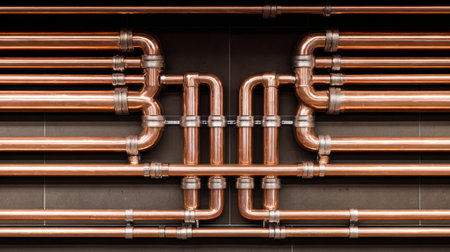 A detailed image of a complex arrangement of bronze pipes, showcasing the beauty of industrial design in modern architecture and interior spaces.の素材