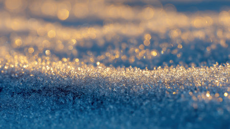 Capture the enchanting beauty of a snow surface illuminated by soft golden light, creating a peaceful winter wonderland atmosphere.の素材