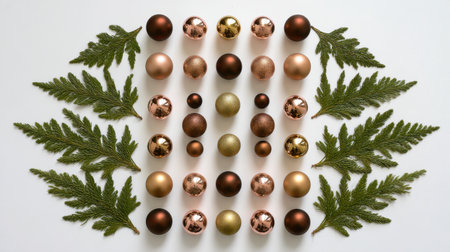 This image features a beautiful arrangement of metallic Christmas ornaments in warm tones surrounded by fresh evergreen foliage, perfect for holiday decoration.の素材