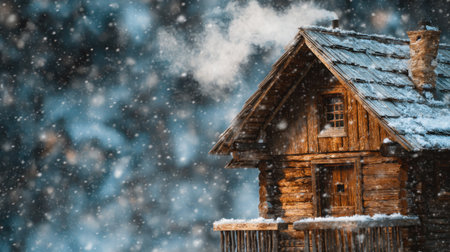 A picturesque wooden cabin covered in snow stands peacefully amidst falling snowflakes. Warm smoke billows from the chimney, creating a cozy winter atmosphere.の素材