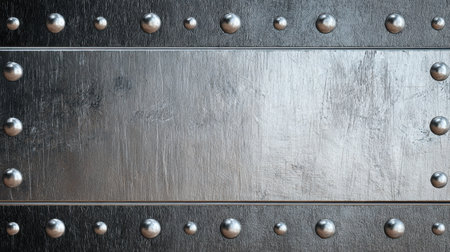 This image features a textured metallic surface adorned with rivets and a brushed finish. Ideal for industrial design and architectural applications.の素材