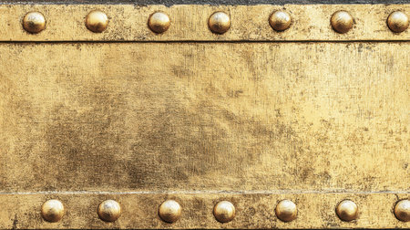 This image showcases a textured golden metal background adorned with rivets, perfect for creative projects and design inspiration. The weathered surface adds character and warmth.の素材