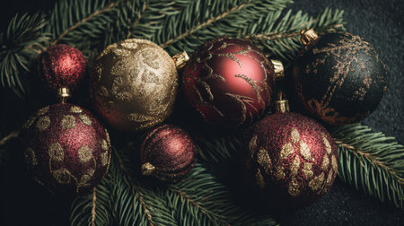 A beautiful arrangement of elegant Christmas ornaments resting on lush pine branches, showcasing intricate glittering patterns in rich colors of red, gold, and black.の素材