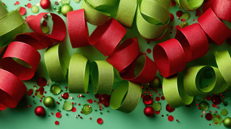 Bright red and green ribbons are artistically arranged on a mint background, creating a festive atmosphere perfect for holiday celebrations and events.の素材