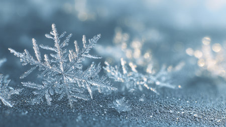 This enchanting image captures delicate snowflakes resting on a frosty surface, reflecting soft winter light in a tranquil and serene atmosphere.の素材