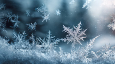 Experience the enchanting beauty of snowflakes gracefully falling against a blurred winter forest backdrop, creating a serene and magical atmosphere.の素材