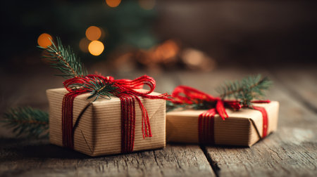 This charming image features beautifully wrapped Christmas gifts adorned with red ribbons and pine greenery, set against a rustic wooden background with soft bokeh lights, creating a warm holiday spirit.の素材