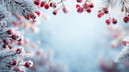 A serene winter scene showcasing frosty berries nestled among snowy pine branches. This enchanting background evokes feelings of peace and tranquility.の素材