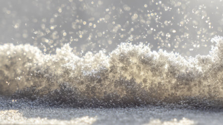 A captivating close-up view of delicate snowflakes adorned with sparkling water droplets, showcasing a soft surface illuminated by natural light.の素材