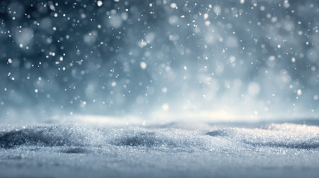 A serene winter scene featuring gently falling snowflakes amidst a soft, sparkling snow surface. This tranquil atmosphere evokes feelings of peace and cold beauty.の素材