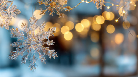 A mesmerizing close-up captures frosted snowflakes hanging delicately, contrasted against a soft background of warm, glowing lights that evoke festive cheer.の素材