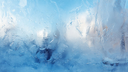 A frosted window displays intricate patterns of ice and condensation, creating a serene atmosphere with a beautiful blue sky in the background.の素材