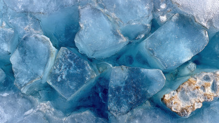 This mesmerizing image captures the intricate details of blue ice pieces, showcasing their shimmering surfaces and unique crystal formations in a cold winter setting.の素材