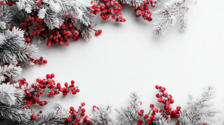 A captivating winter arrangement featuring frosted evergreen branches and vibrant red berries, creating a perfect seasonal decor on a clean white background.の素材