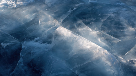 Close-up view of glacial ice displaying intricate textures and cracks, capturing natural beauty in a serene, cold winter scene.の素材