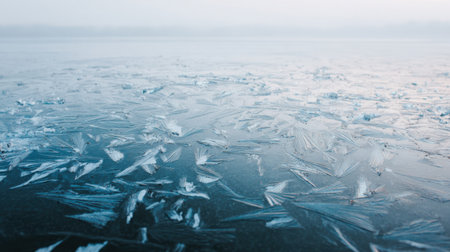 A captivating closeup of intricate frost patterns on a frozen surface, illuminated by soft morning light, showcasing the serene beauty of winter.の素材