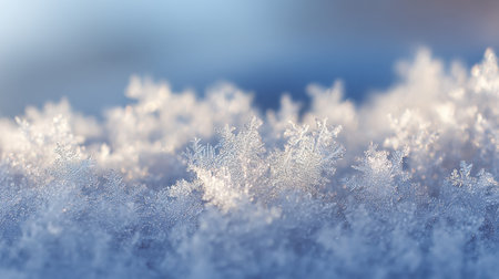 This close-up image captures the intricate details of snowflakes resting on a soft blue surface, evoking a tranquil winter feeling.の素材