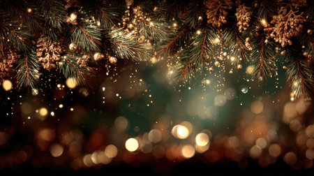 Embrace the festive spirit with this cozy Christmas background featuring fir branches and pinecones, embellished by dazzling bokeh lights and sparkling snowflakes.の素材