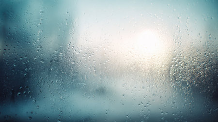 A captivating view of a foggy window adorned with delicate water droplets, creating an ethereal and serene atmosphere during a gloomy day.の素材