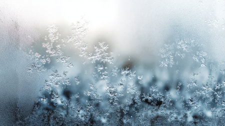 A close-up view of frost forming intricate ice crystals on a window pane, creating a serene atmosphere with a soft blurred background in natural light.の素材